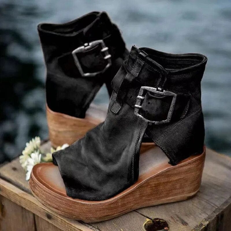 Women's Open-Toe Wedge-Heel Booties – Black