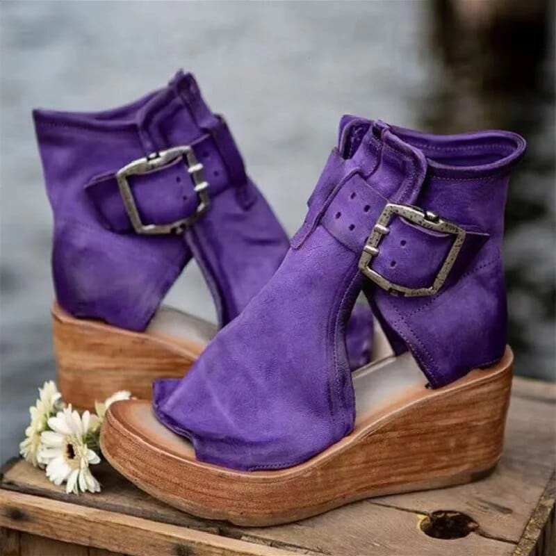 Women's Open-Toe Wedge-Heel Booties – Purple