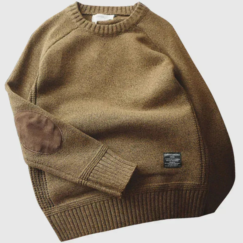 Men's Crew-Neck Knit Pullover with Elbow Patches – Light Brown