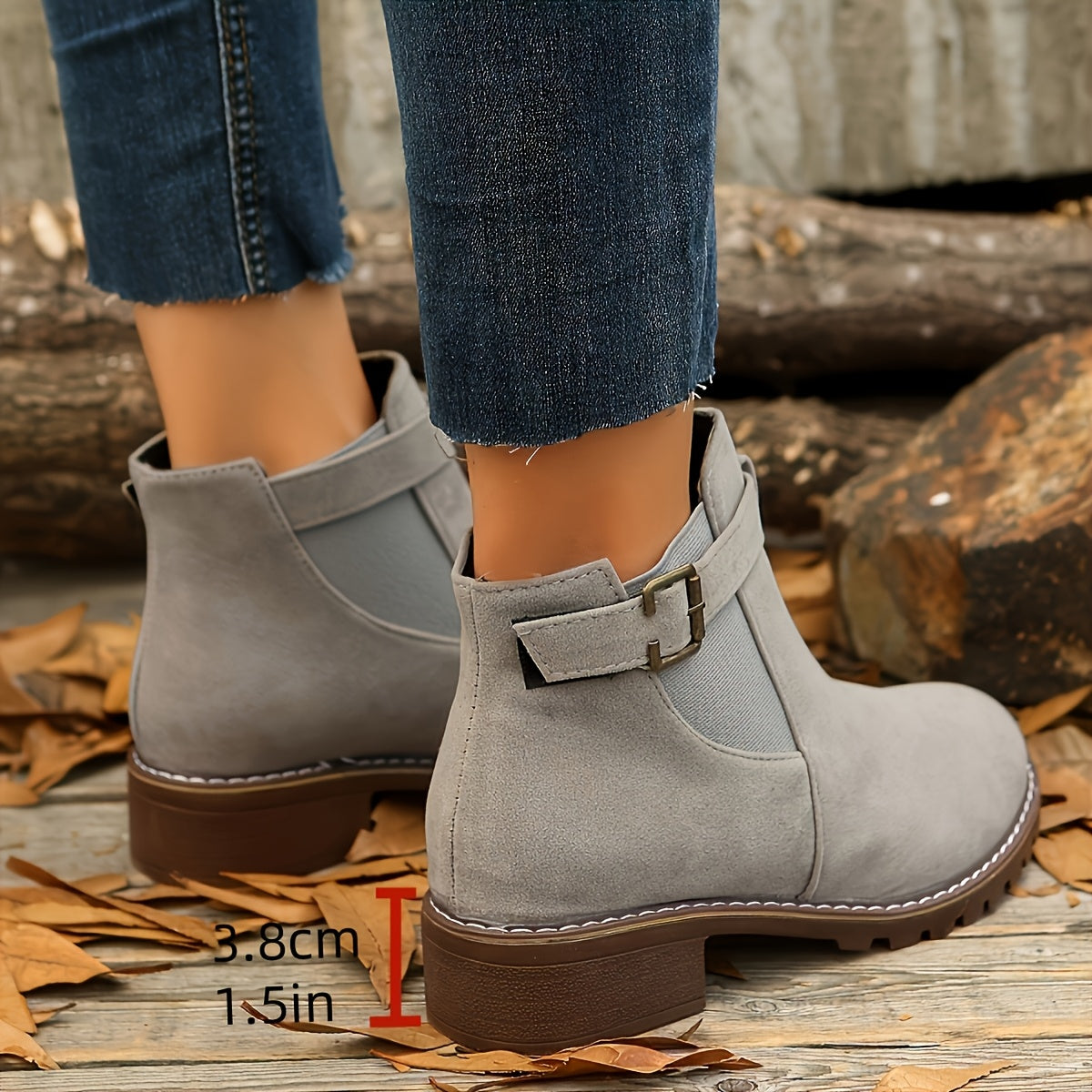 Women's Suede-Style Buckle-Detail Booties with Block Heel – Silvery Gray