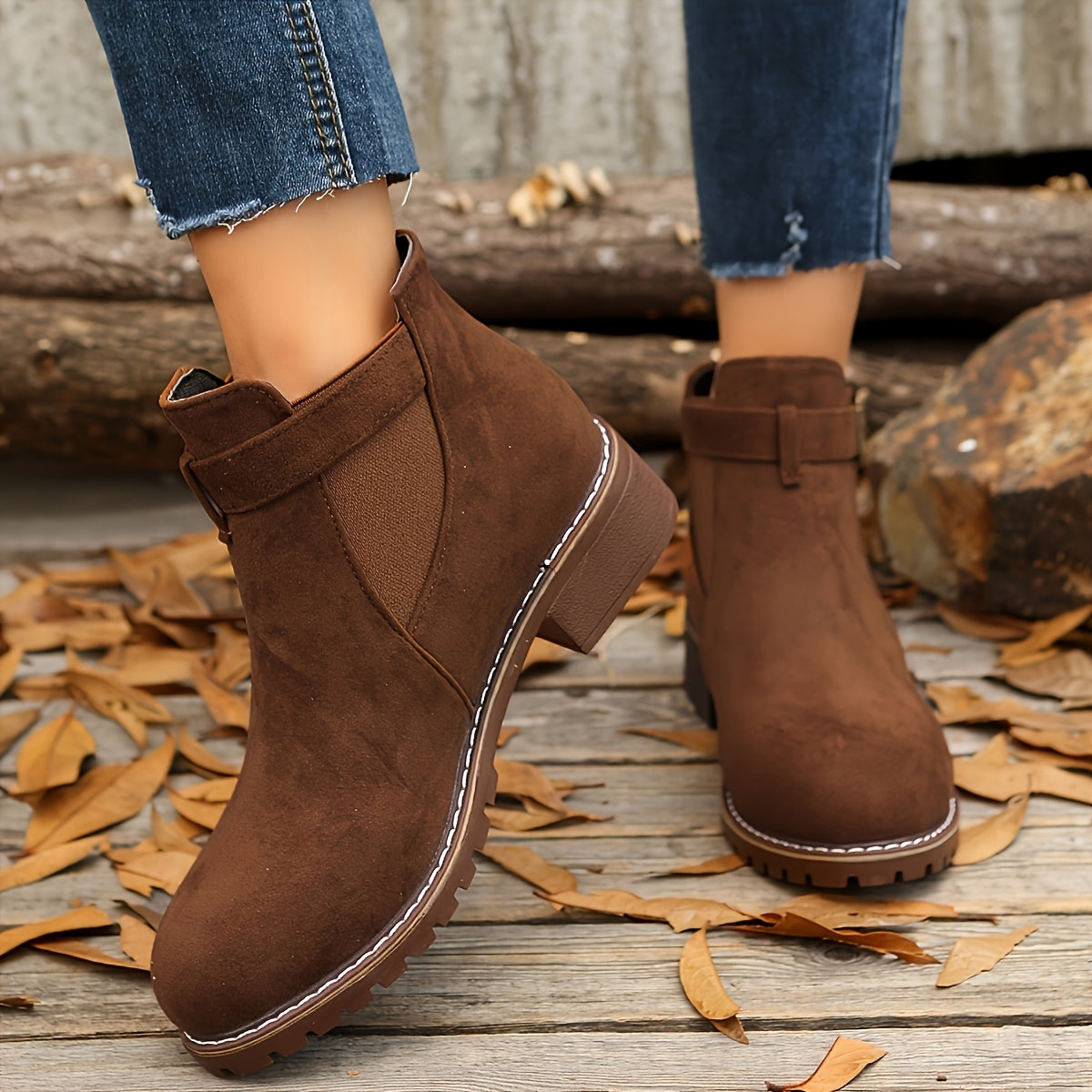 Women's Suede-Style Buckle-Detail Booties with Block Heel – view 4