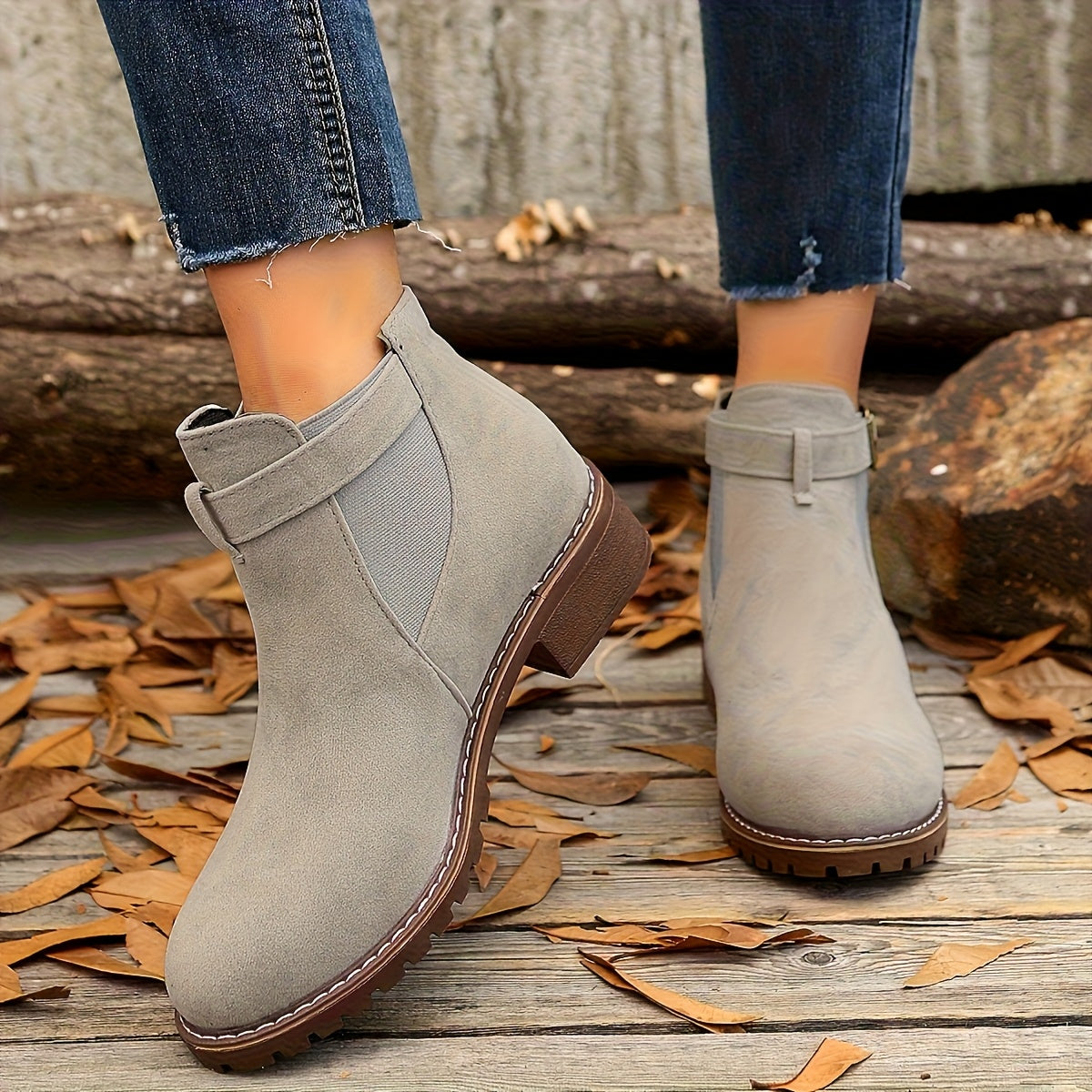Women's Suede-Style Buckle-Detail Booties with Block Heel – view 5