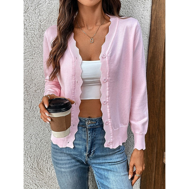 Women's Scalloped-Edge V-Neckline Button-Front Knit Cardigan for Weekends – Pink