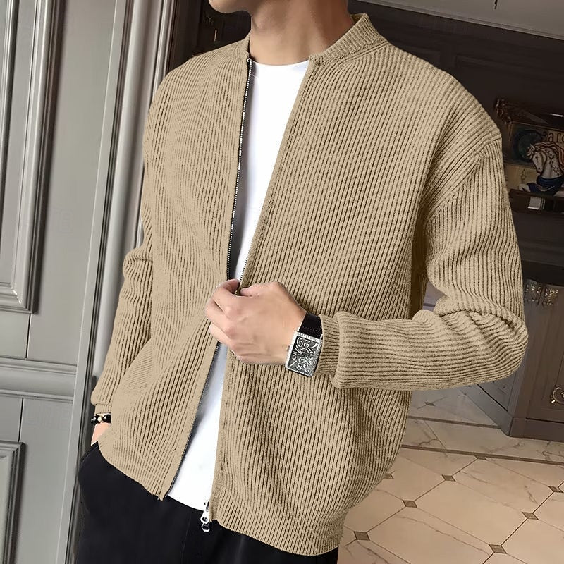 Men's Standing Collar Zip Knit Cardigan for Layering – Khaki