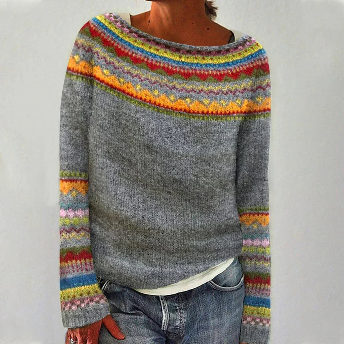 Women's Stripe-Detail Crewneck Rib-Knit Pullover – Gray/Rainbow