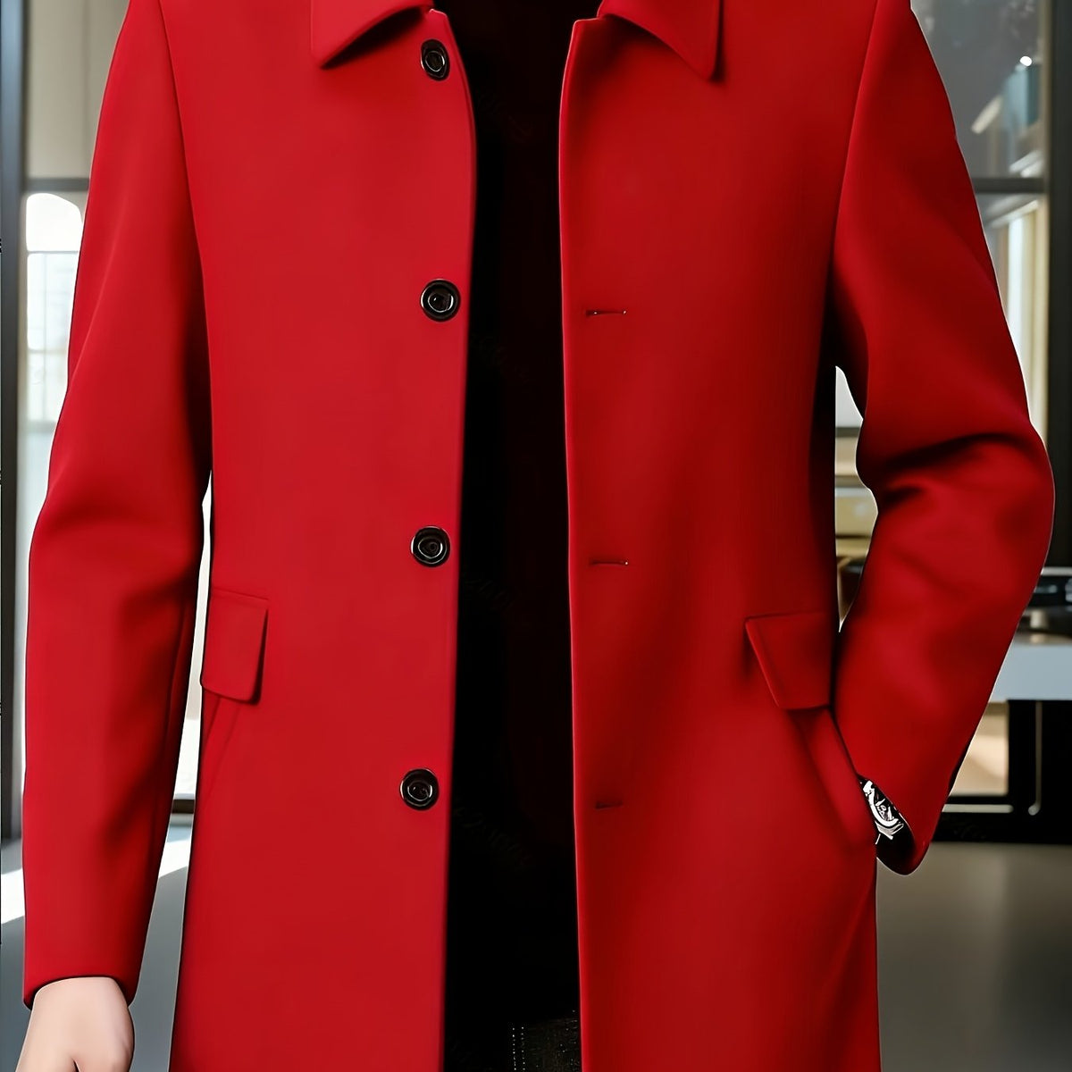Men's Refined Single-Breast Overcoat with Side Pockets – Red