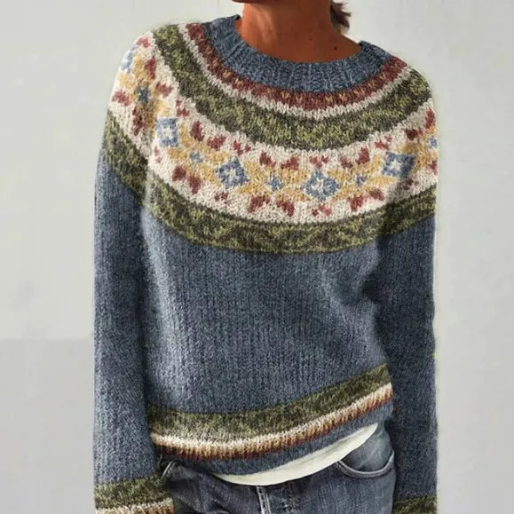 Women's Stripe-Detail Crewneck Rib-Knit Pullover – Gray/Flowers