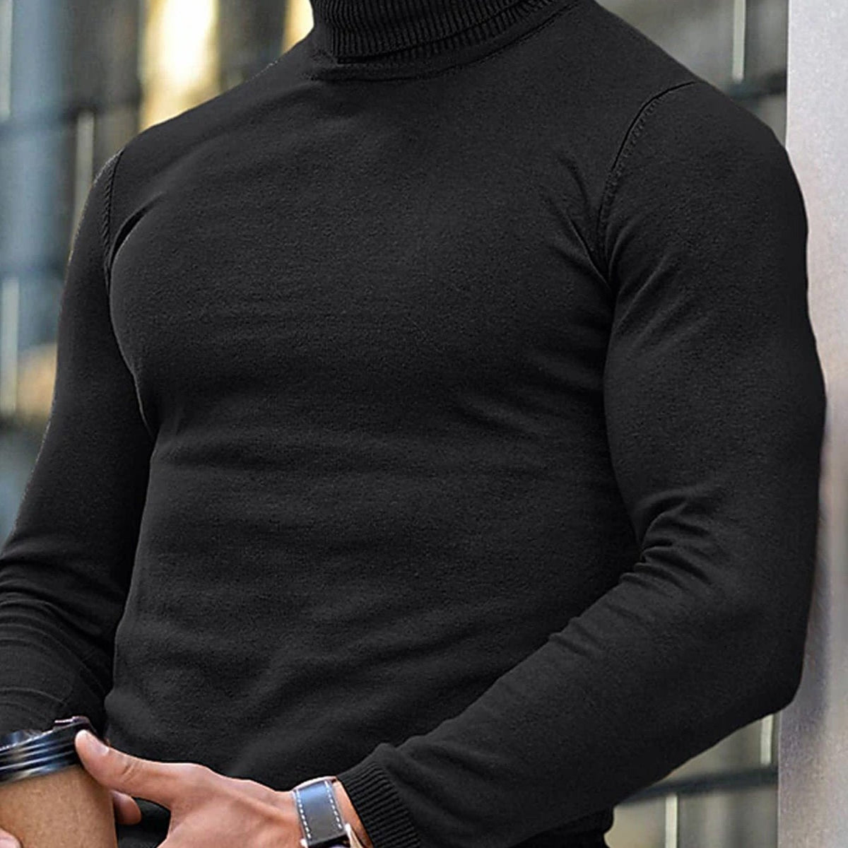 Men's High Neck Fitted Roll-Neck Knit Pullover – Black