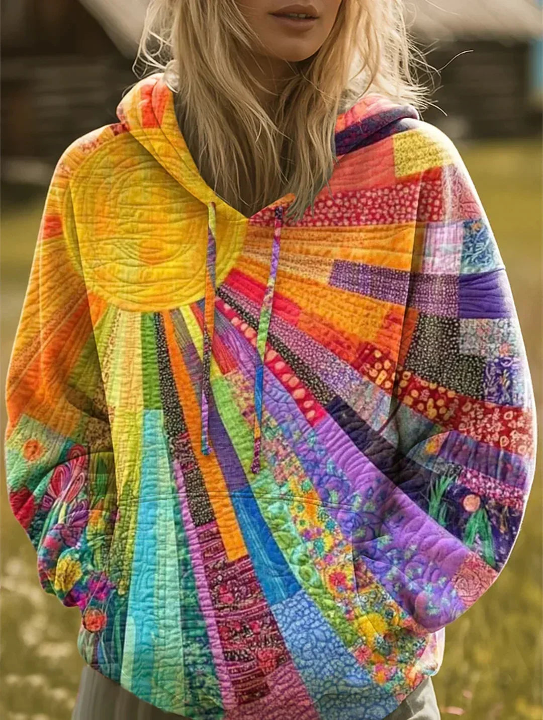 Women's Relaxed-Fit Padded Patchwork Hood-Detail Knit Pullover – view 1