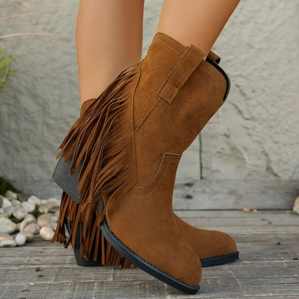 Women's Studded Wide Calf Fringe Cowboy Boots with Western – view 2