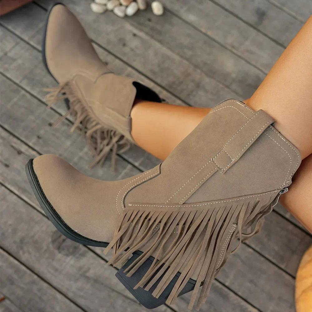 Women's Studded Wide Calf Fringe Cowboy Boots with Western – Taupe