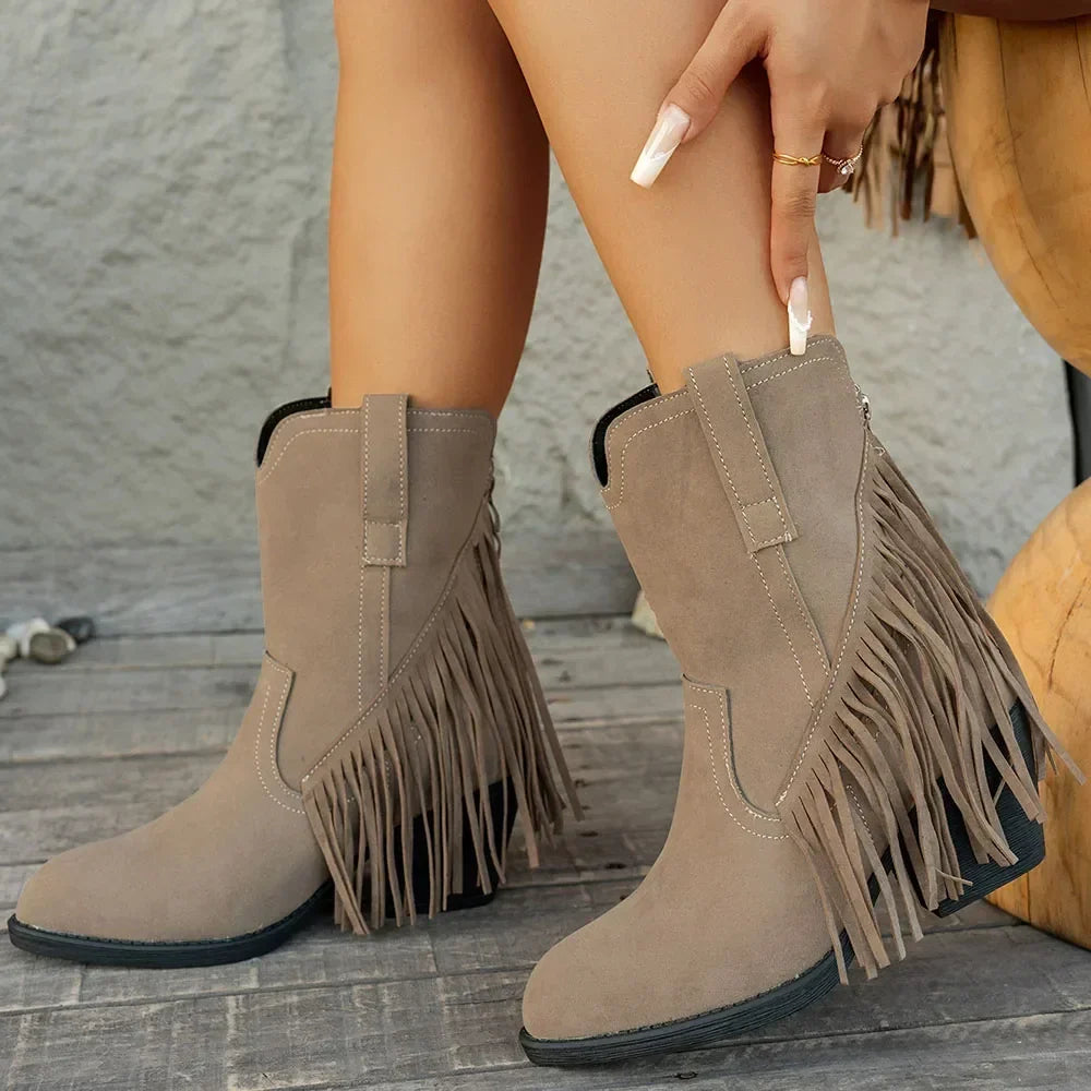 Women's Studded Wide Calf Fringe Cowboy Boots with Western – view 4
