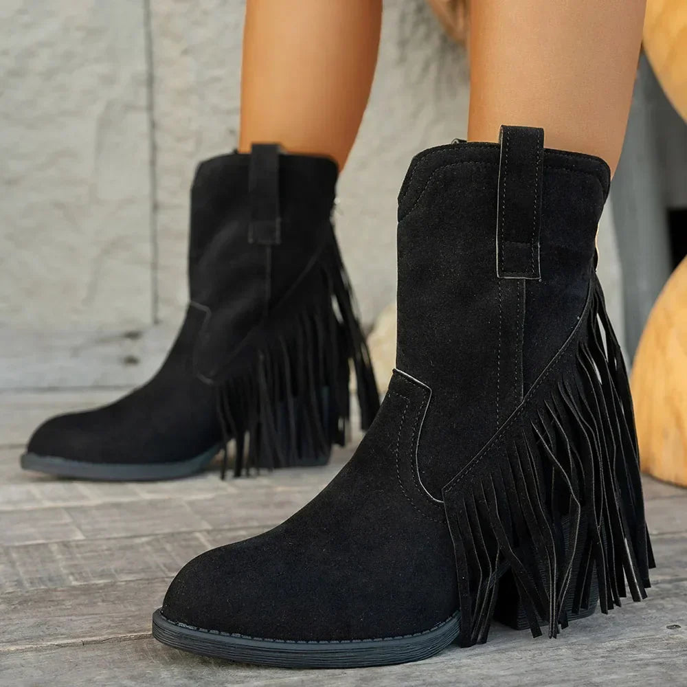 Women's Studded Wide Calf Fringe Cowboy Boots with Western – view 5