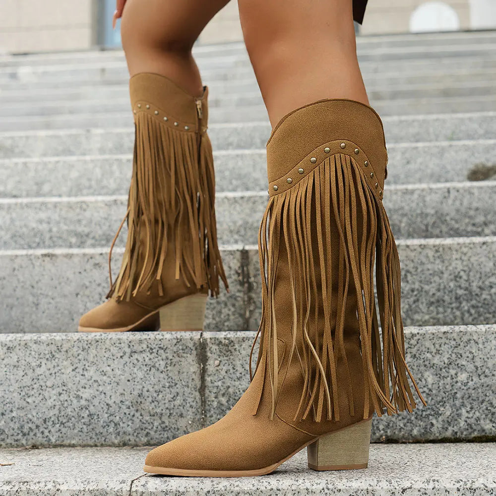 Women's Studded Wide Calf Fringe Cowboy Boots with Western – Camel