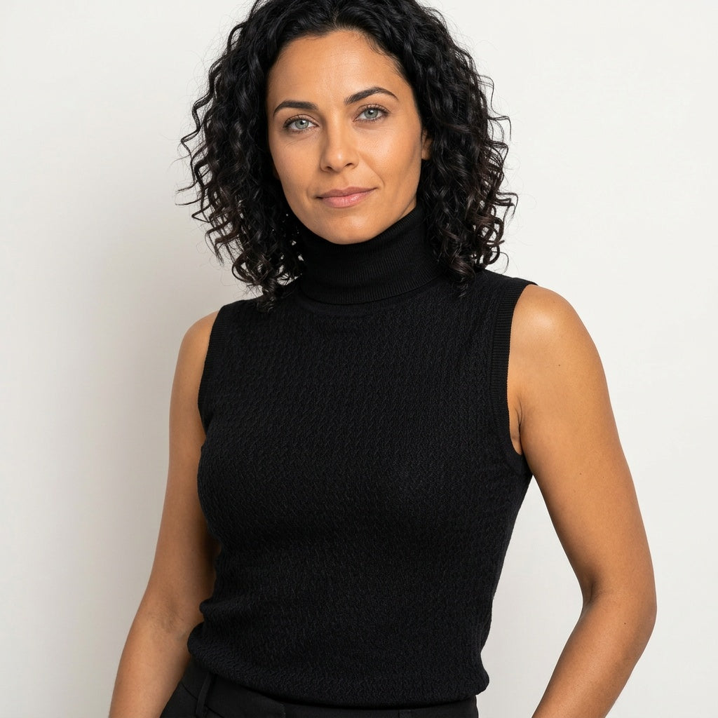 Women's Textured Knit No-Sleeve Roll-Neck Top – Black
