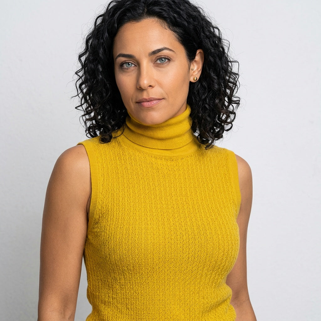 Women's Textured Knit No-Sleeve Roll-Neck Top – Mustard Yellow