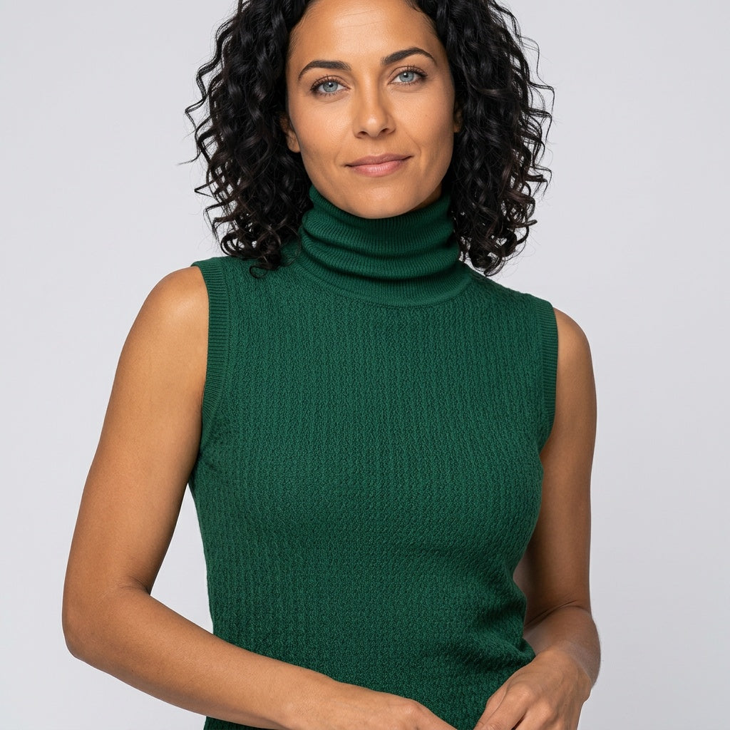 Women's Textured Knit No-Sleeve Roll-Neck Top – Dark Green