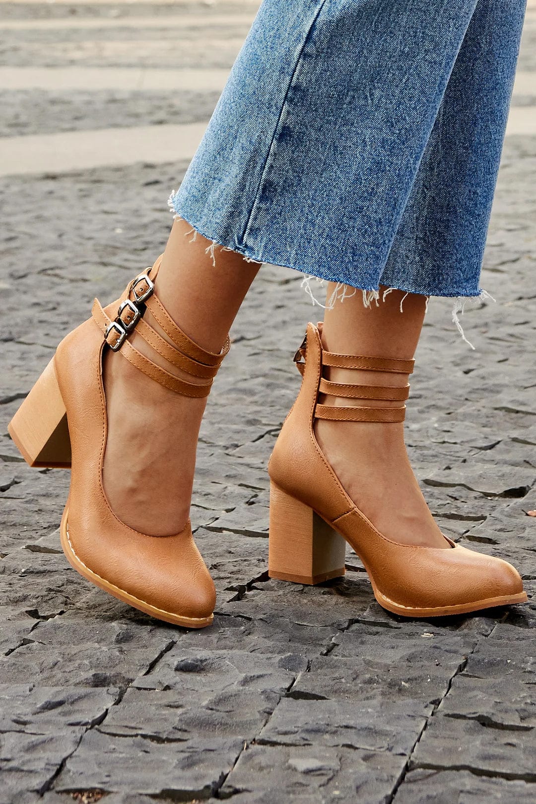 Women's Triple Buckle-Detail Block-Heel Booties – Brown