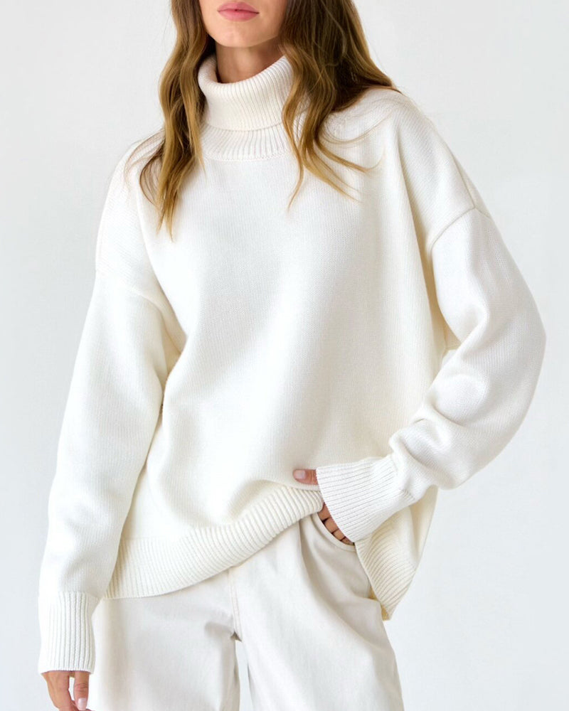 Women's Relaxed-Fit Roll-Neck Knit Pullover – White