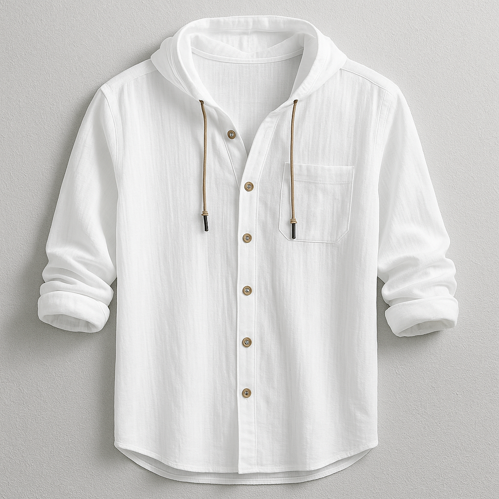 Men's Hood-Detail Button-Front Light-Weight Overshirt – White