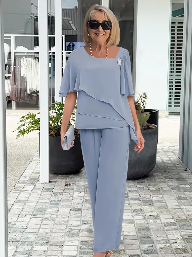 Women's Draped Overlay Two Piece Pants Set for Layering – Light Blue