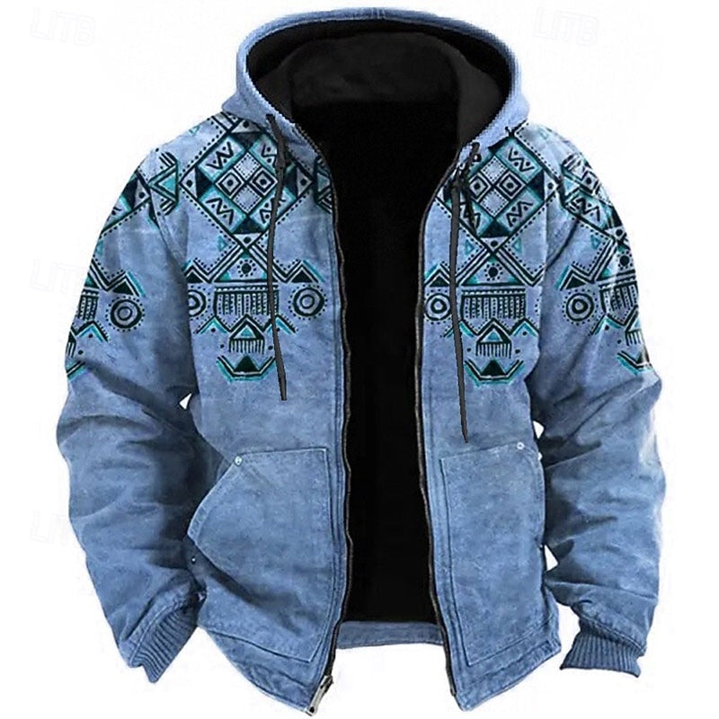 Men's Heritage Pattern Zip-Front Hood-Detail Jacket – Blue