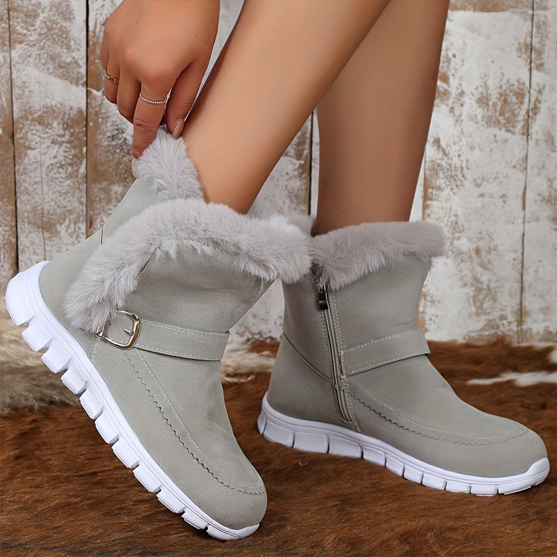 Women's Plush-Lined Buckle-Detail Booties – Gray