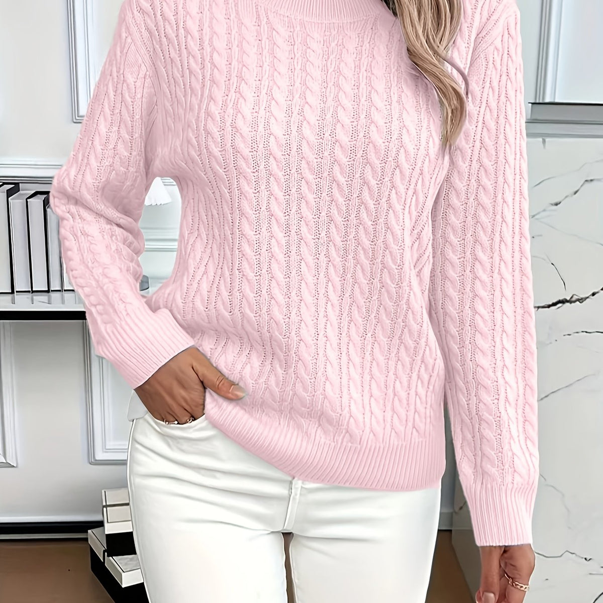 Women's Cable-Stitch Easy-Fit Pullover – Pink