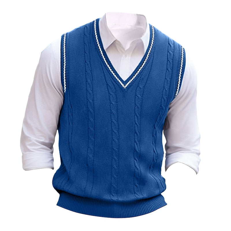 Men's Cable-Stitch V-Neckline Sweater Vest – Blue