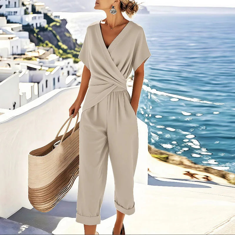 Women's V-Neckline Wrap-Style Jumpsuit Set – Apricot