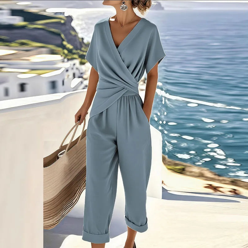 Women's V-Neckline Wrap-Style Jumpsuit Set – Blue