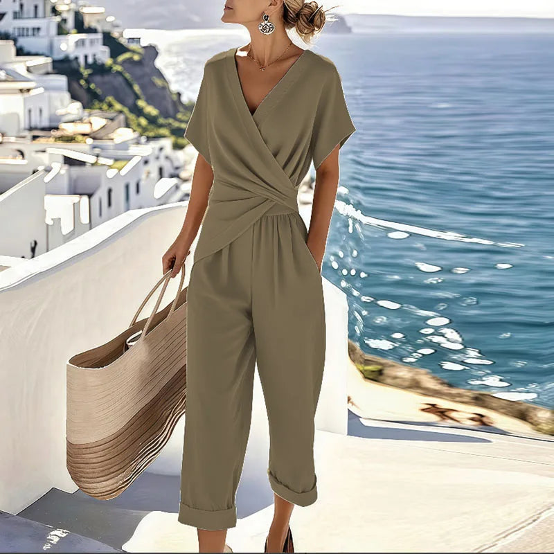 Women's V-Neckline Wrap-Style Jumpsuit Set – Khaki