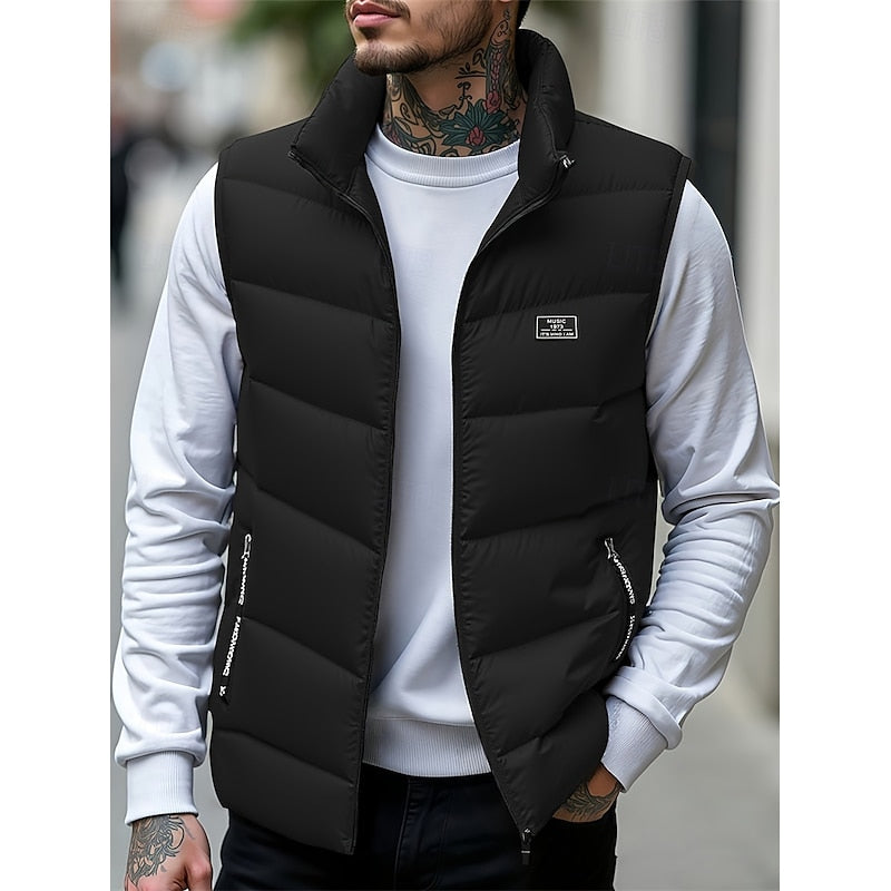 Men's Padded Puffer Vest with Stand Collar – Black