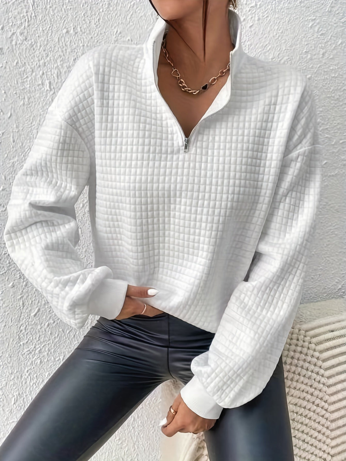 Women's Half-Zip Stand Collar Textured Knit Sweater for Layering – White