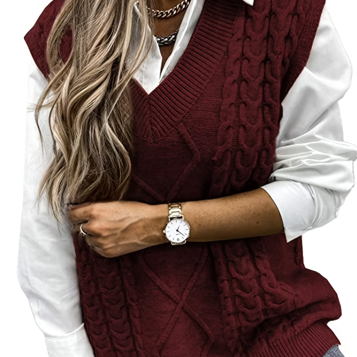 Women's Cable-Stitch V-Neckline Sweater Vest – Burgundy