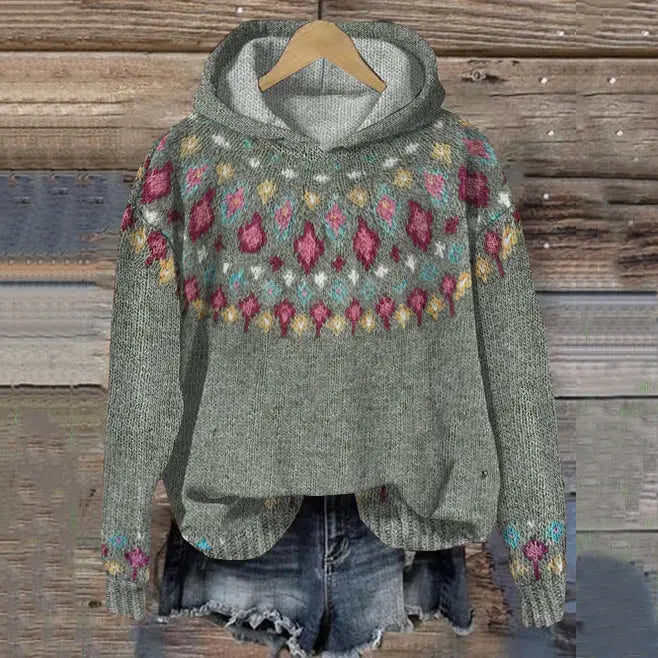 Women's Loose-Fit Fair Isle Hoodie Knit Pullover – Gray