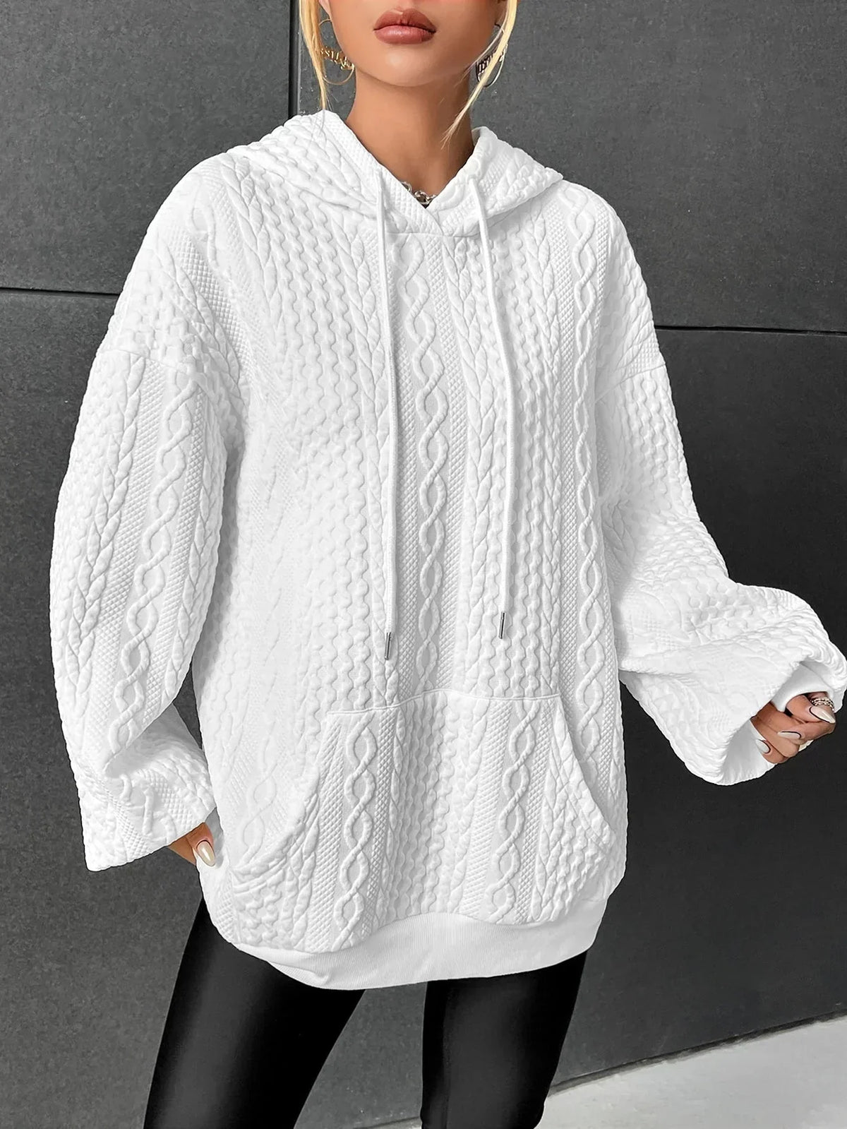 Women's Loose-Fit Tie-Waist Hoodie with Front Pocket – White
