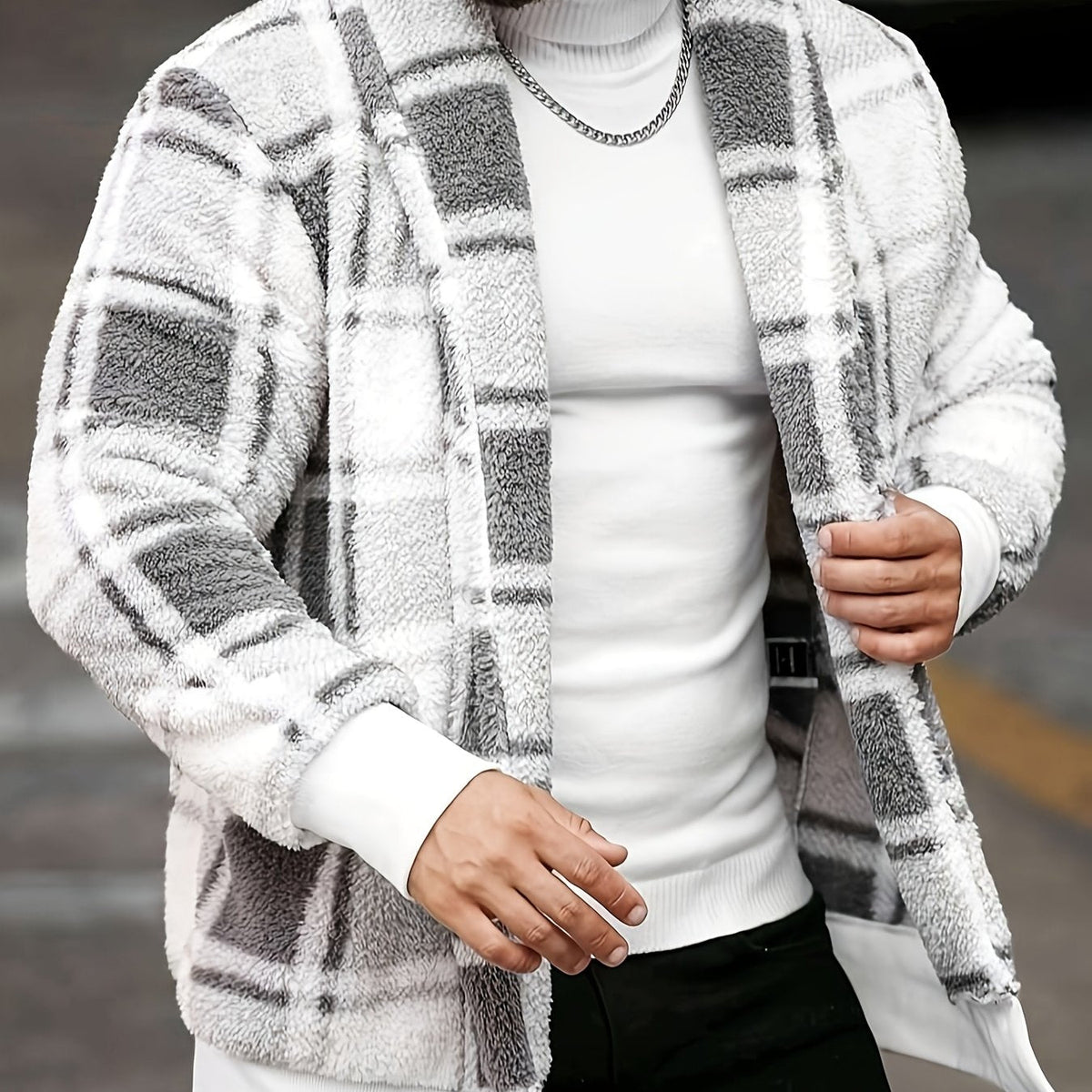 Men's Plush Brushed Check Oversized Jacket – White and Gray