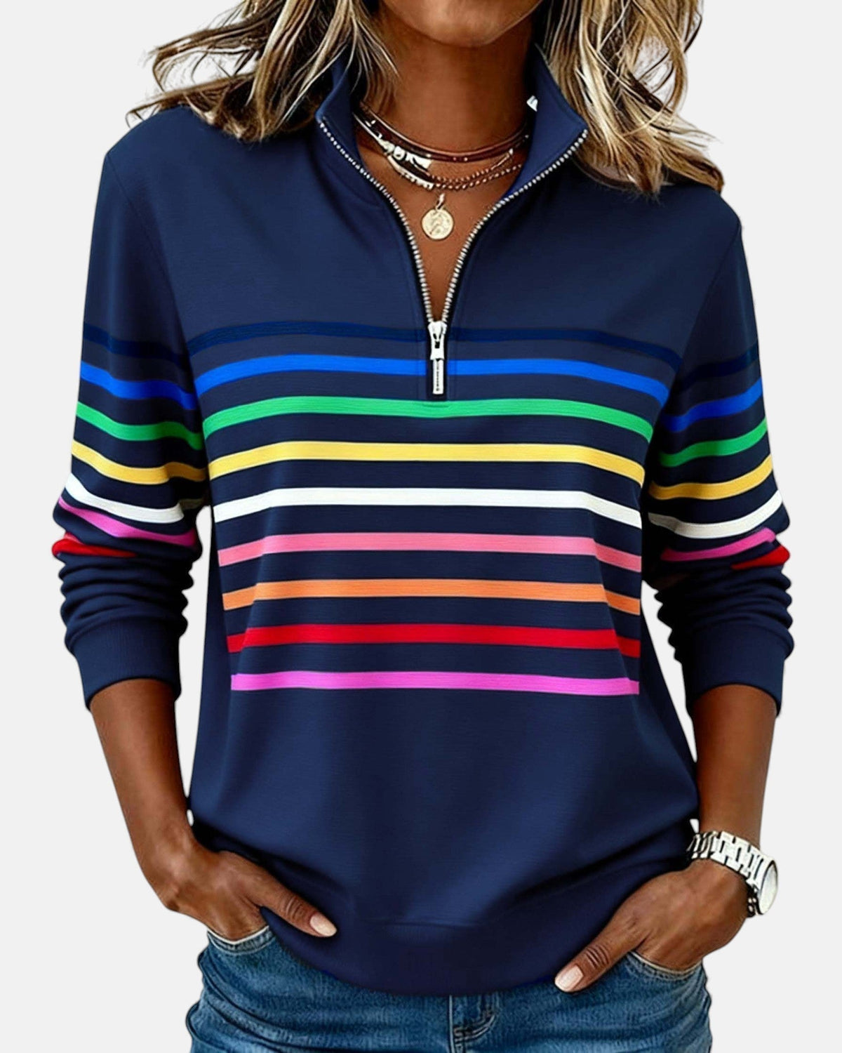 Women's Stripe-Detail Half-Zip Sweatshirt – Navy Blue