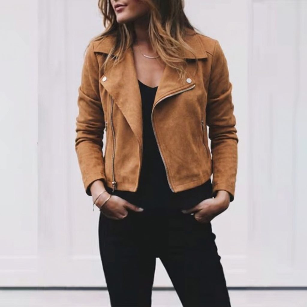 Women's Suede-Finish Crop-Length Jacket with Lapel Collar – Khaki