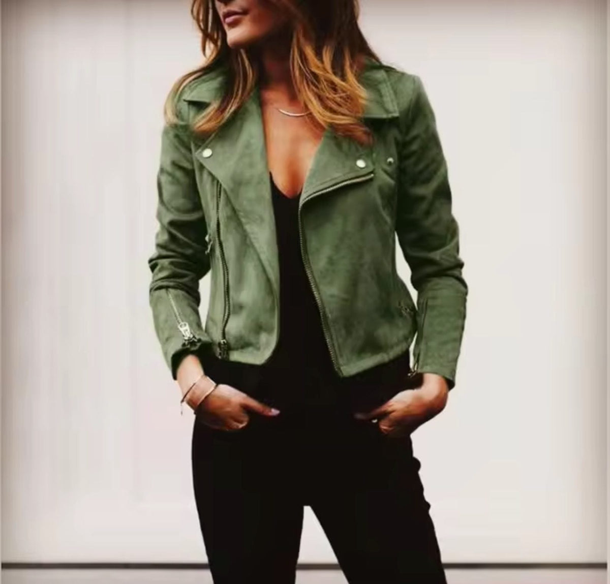 Women's Suede-Finish Crop-Length Jacket with Lapel Collar – Green