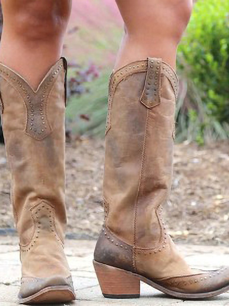 Women's Studded Knee High Western Cowboy Boots for Work – Yellow
