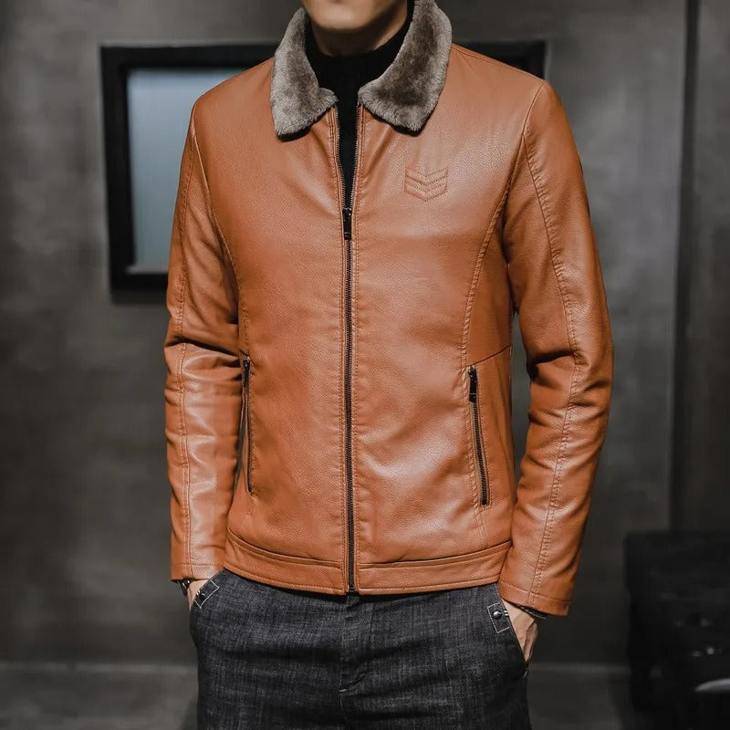 Men's Faux-Fur Collar Wind-Resistant Zip Jacket – Brown
