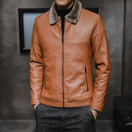Men's Faux-Fur Collar Wind-Resistant Zip Jacket – Brown