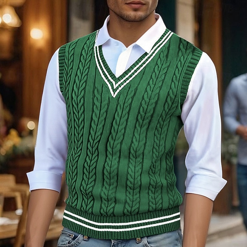 Men's Stripe-Detail Cable-Stitch V-Neckline Vest – Green