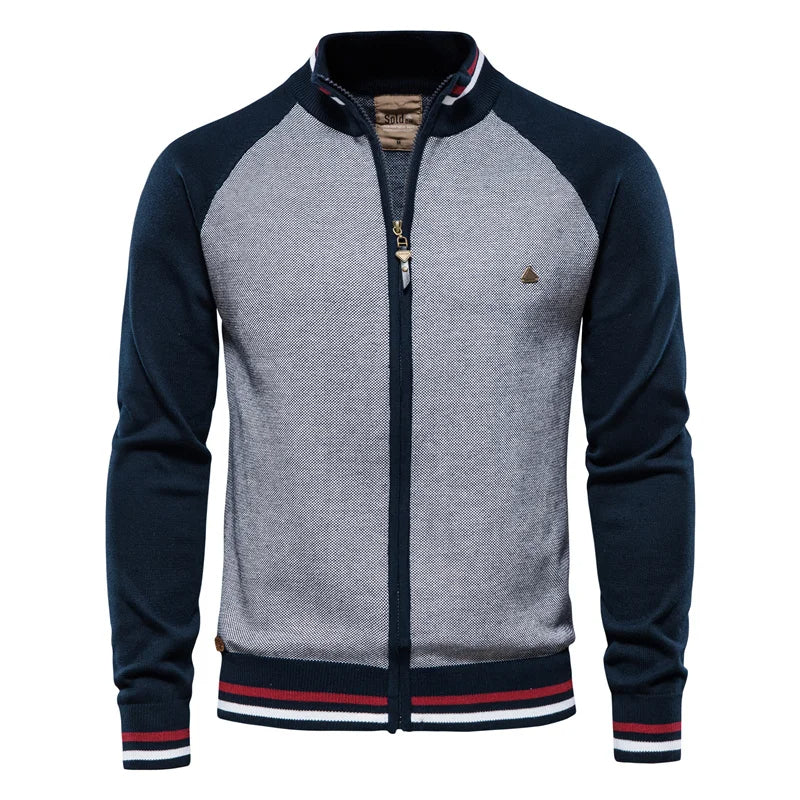 Men's Cotton Stand Collar Full-Zip Knit Cardigan – Navy Blue