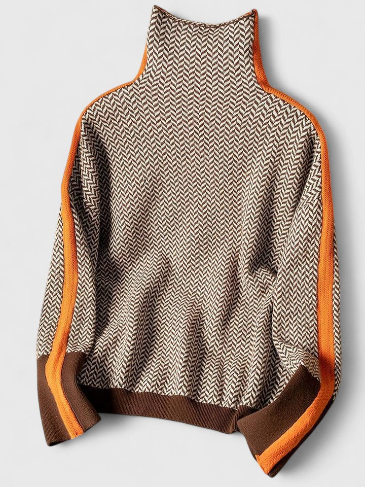 Women's High Collar Stripe-Detail Knit Pullover – Orange