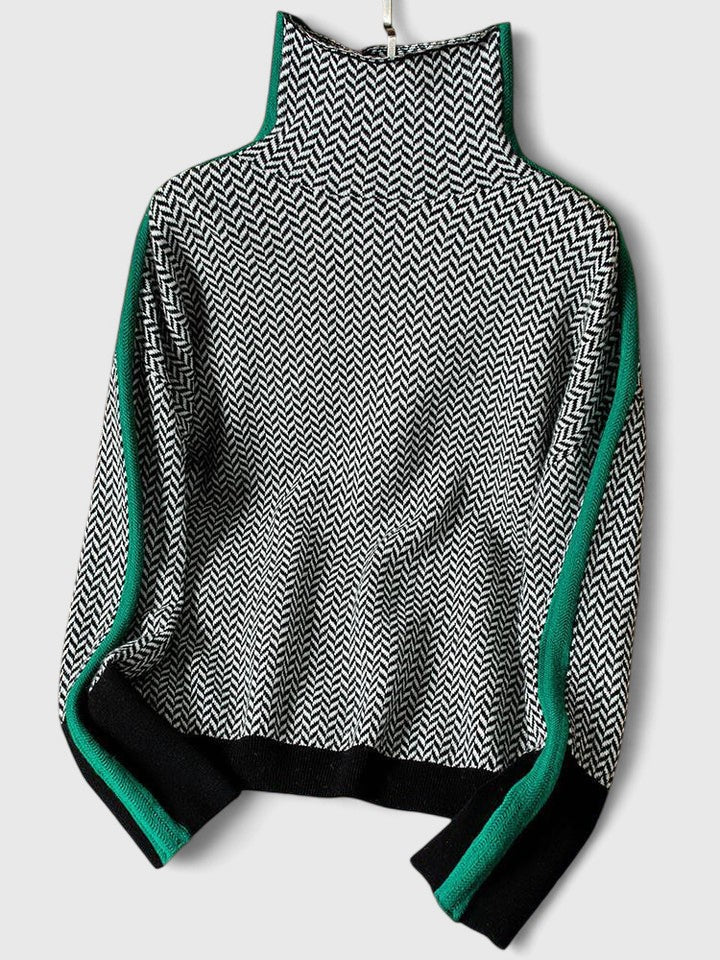 Women's High Collar Stripe-Detail Knit Pullover – Green