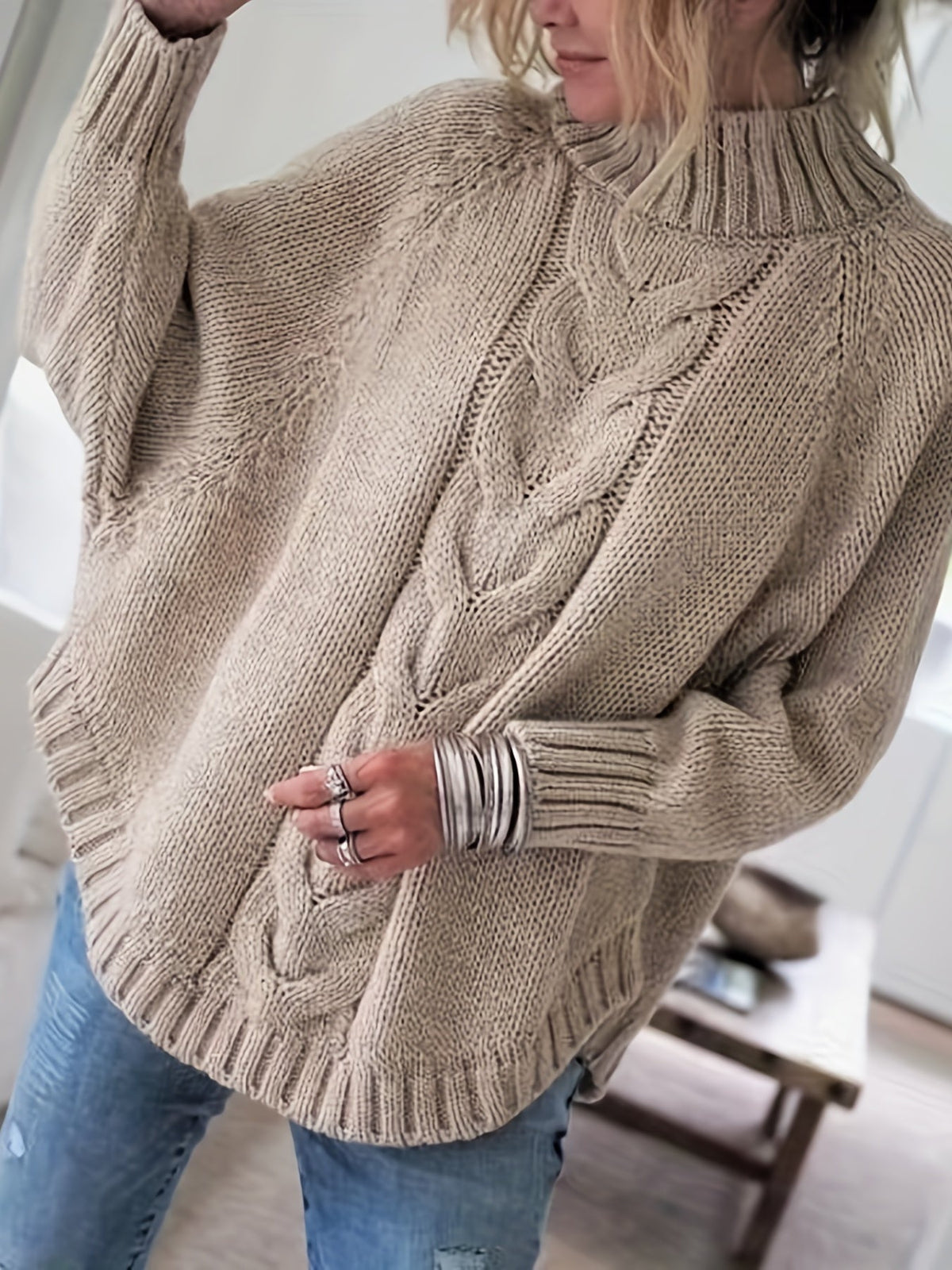 Women's Cable-Stitch High Neck Relaxed-Fit Pullover – view 5
