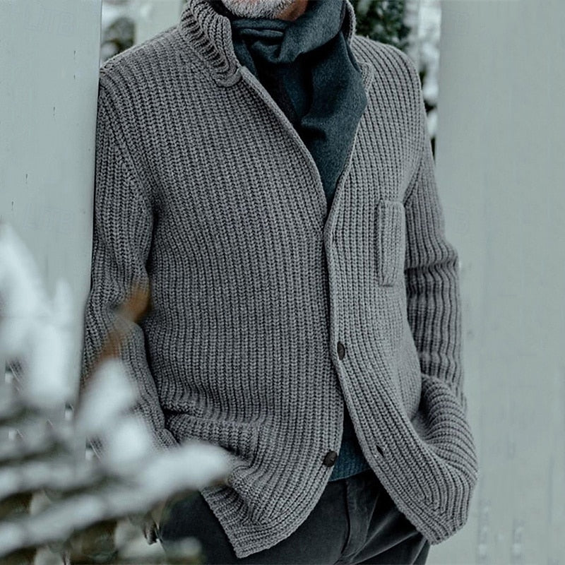 Men's Rib-Knit Stand-Collar Button Knit Cardigan with Pockets – Gray